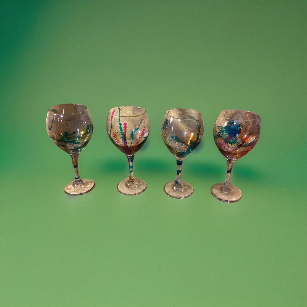 4 Large Multicolored Hand-Painted Wine Glasses-9